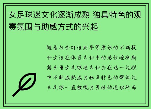 女足球迷文化逐渐成熟 独具特色的观赛氛围与助威方式的兴起
